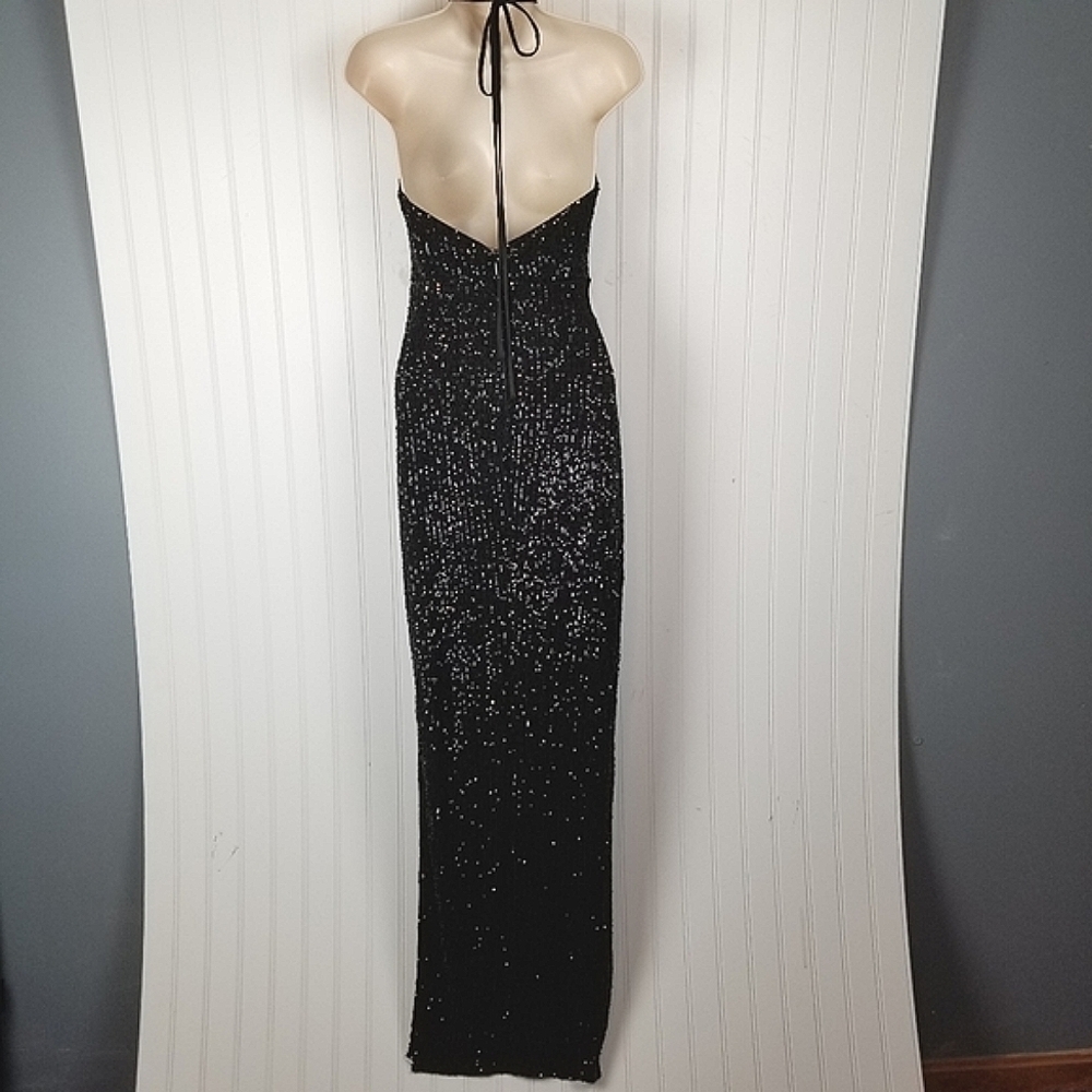 Maniju Halter Neck Sequin Side Slit Maxi Dress Black Prom Small NWT Style UN2132 - Picture 8 of 14